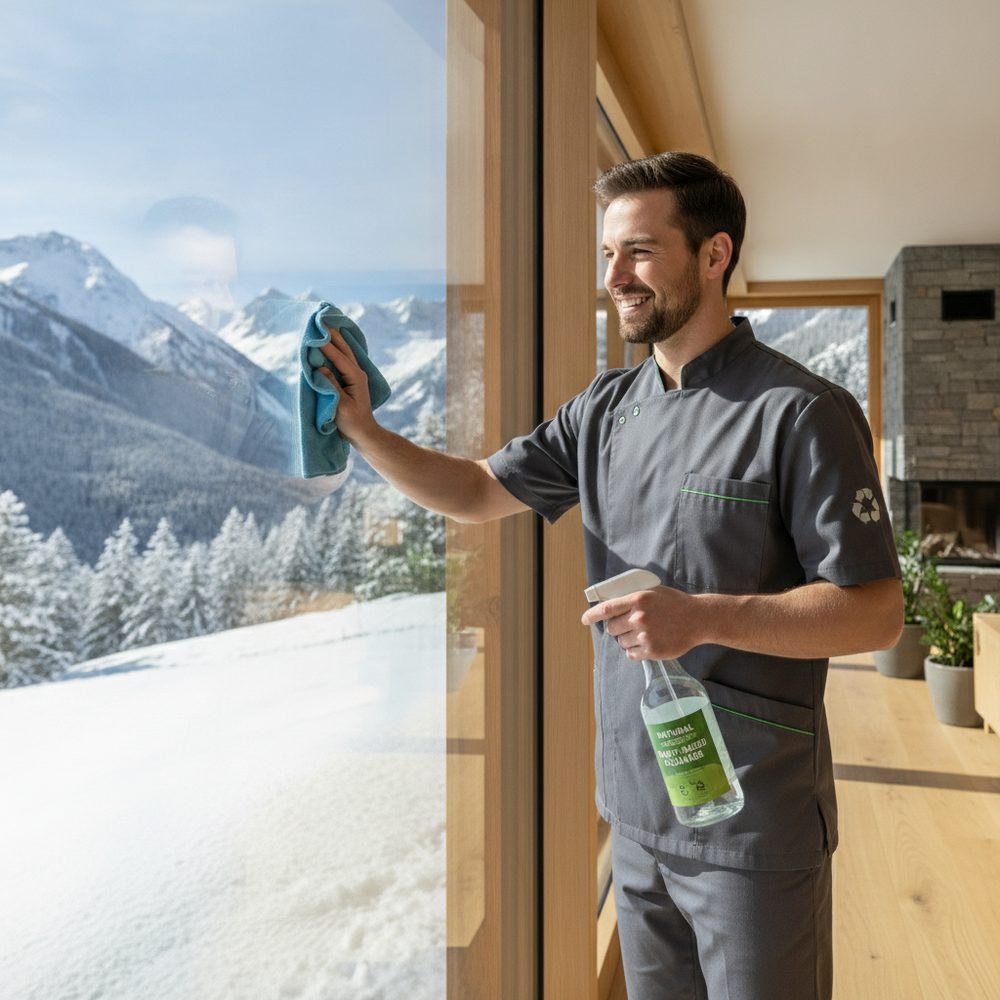 ProService73 cleaner washing chalet windows with a mountain view, eco-friendly products
